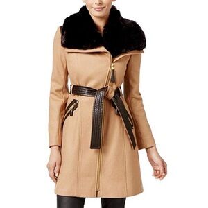 Via Spiga Asymmetrical Faux-Fur-Collar Coat with Leather Accents